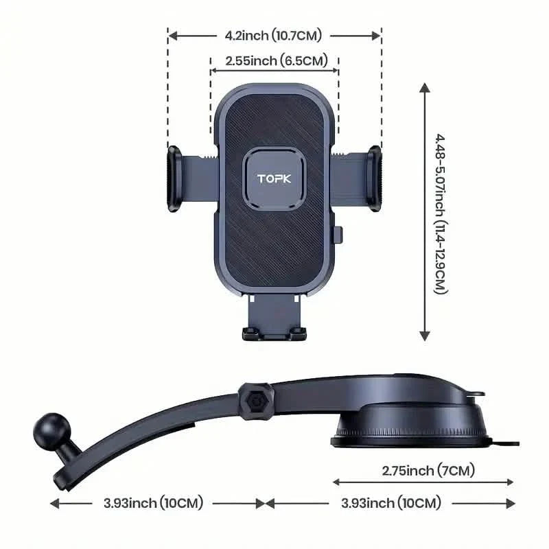Phone holder with dimensions labeled on a white background