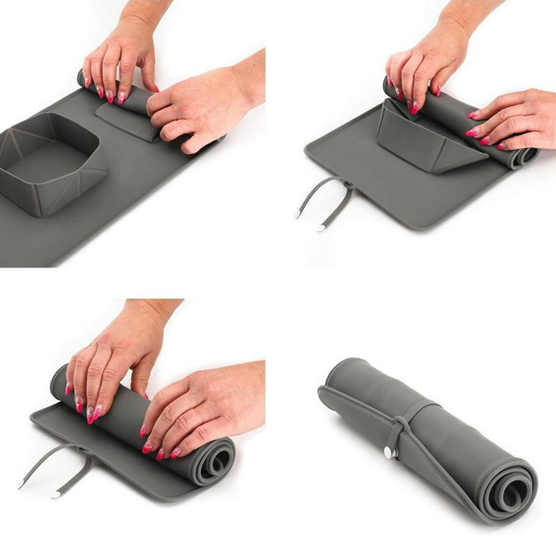 Collage of hands rolling up a gray mat with a strap on a white background
