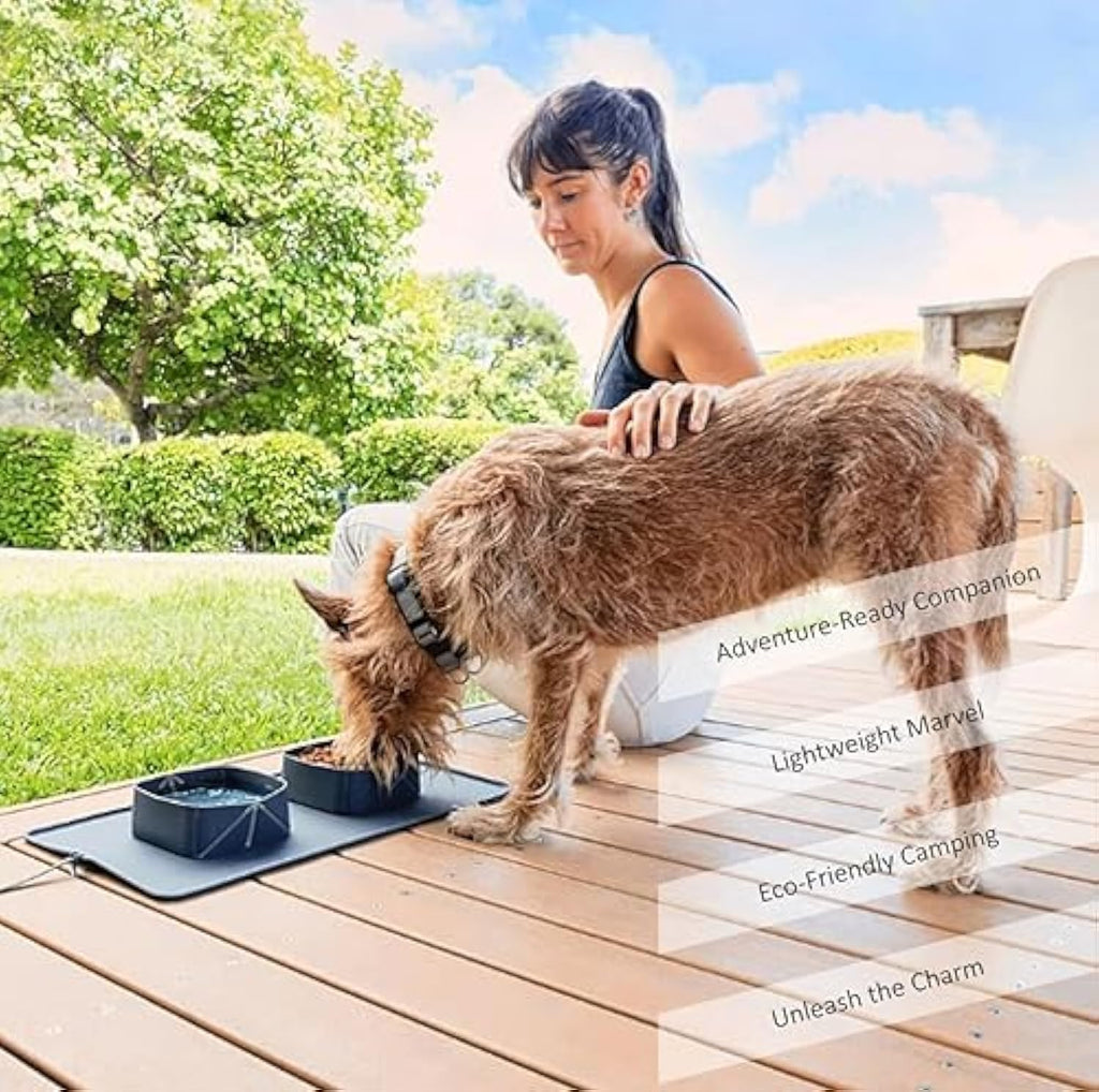 Woman petting a dog on a wooden deck with text overlay about camping gear.