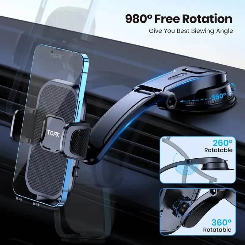 Car phone holder with 360-degree rotation feature on a car dashboard.