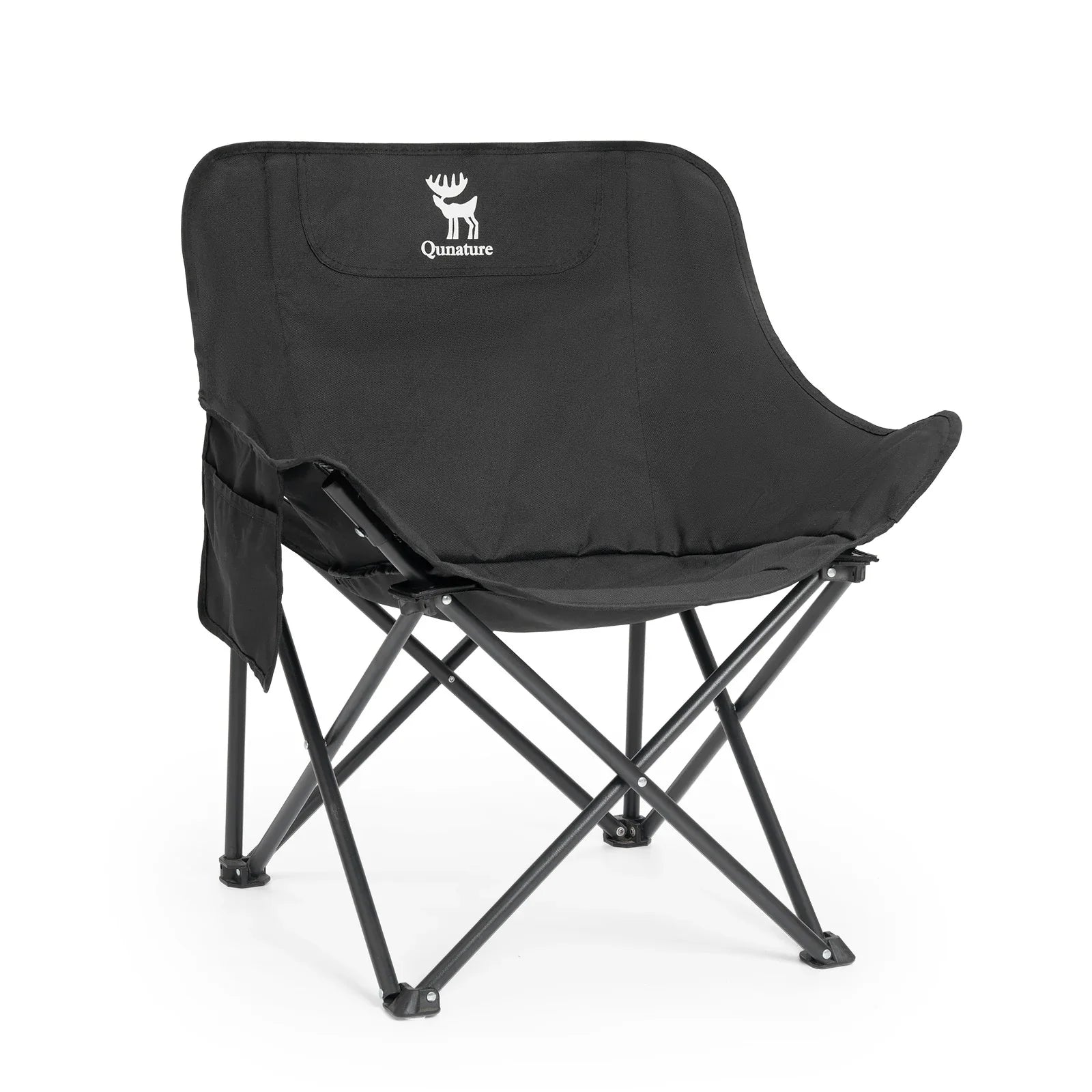 Black folding chair with a brand logo on a white background