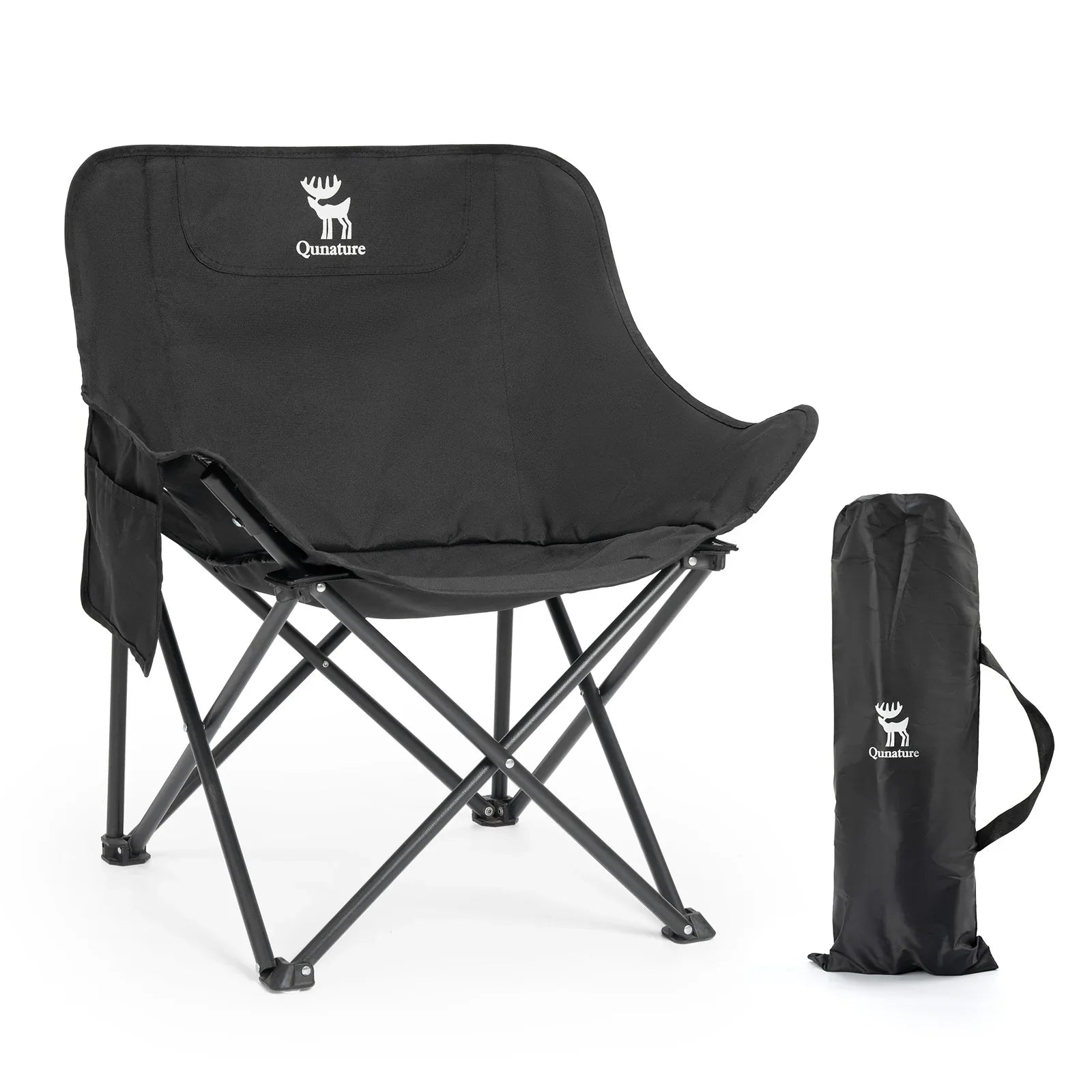 Black folding chair with carrying bag on a white background