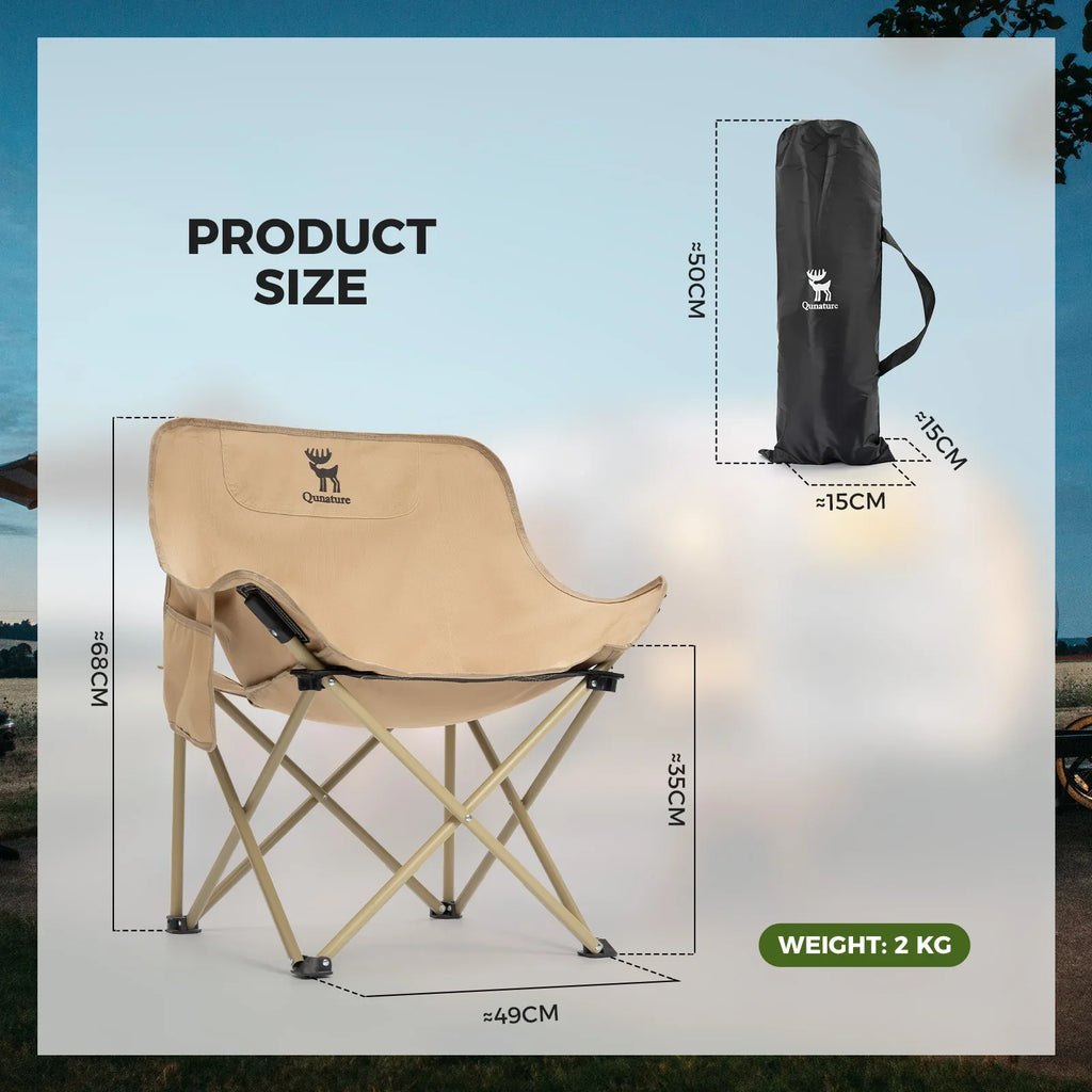 Beige camping chair with dimensions and storage bag on a light blue background
