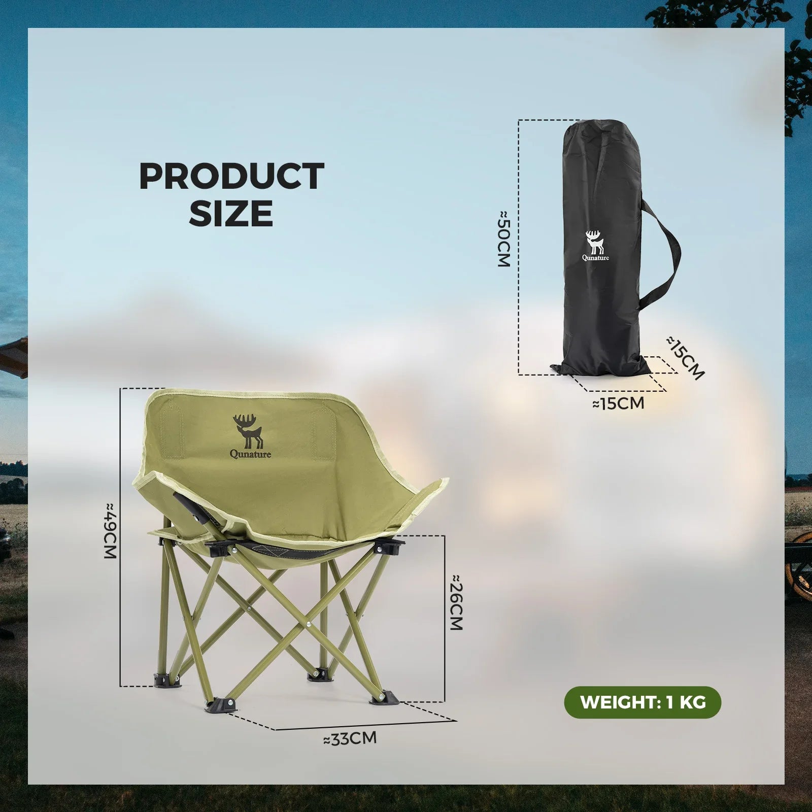 Product size chart with a green camping chair and carrying bag on a blurred outdoor background.