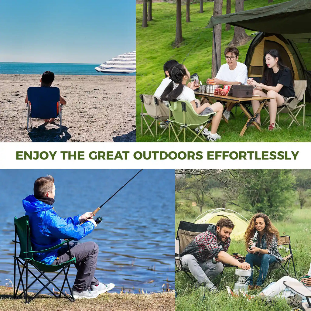 Collage of people enjoying outdoor activities including beach, camping, and fishing with text 'ENJOY THE GREAT OUTDOORS EFFORTLESSLY'.