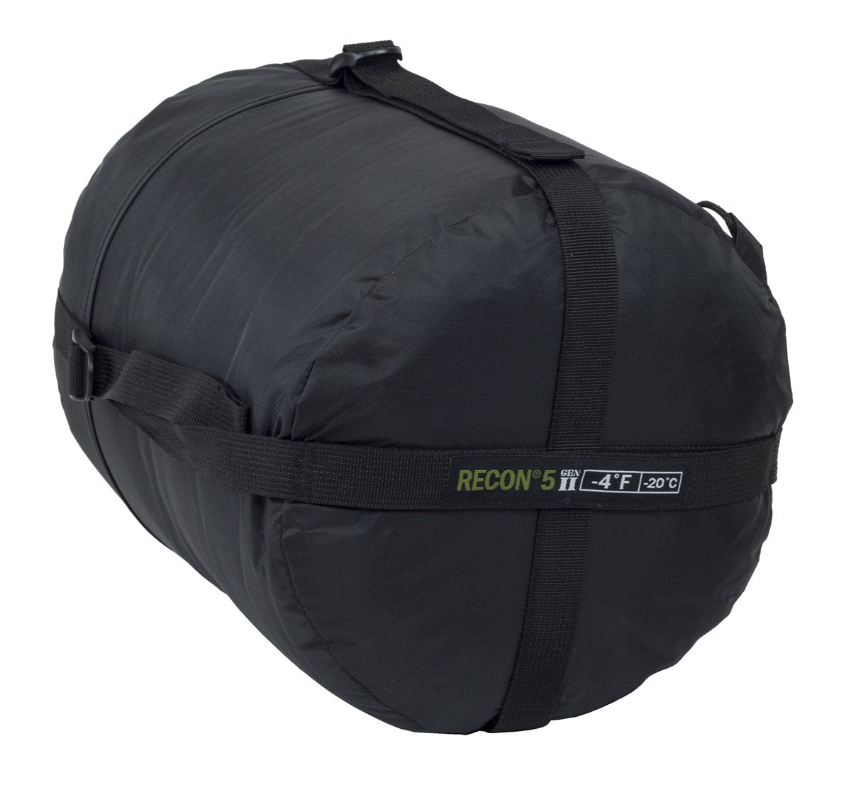 Black sleeping bag with Recon 5 degree Celsius label on a white background