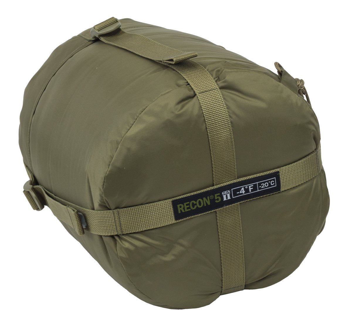Green sleeping bag with a label on a white background