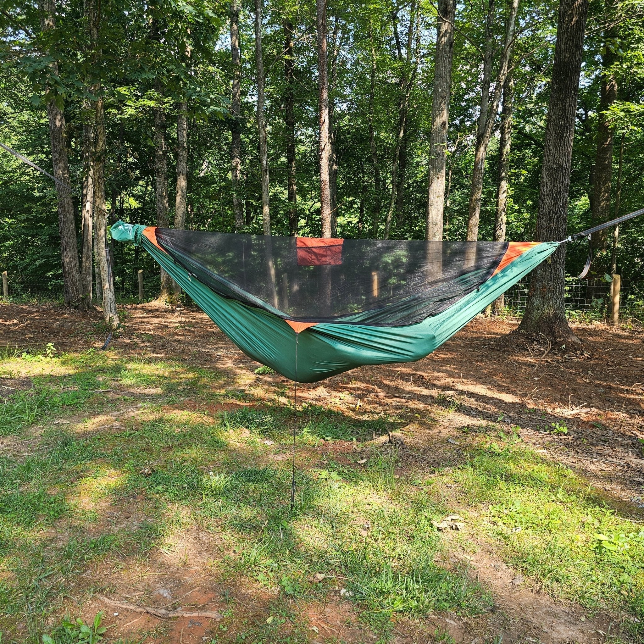 Green hammock with a canopy hanging between trees in a forest