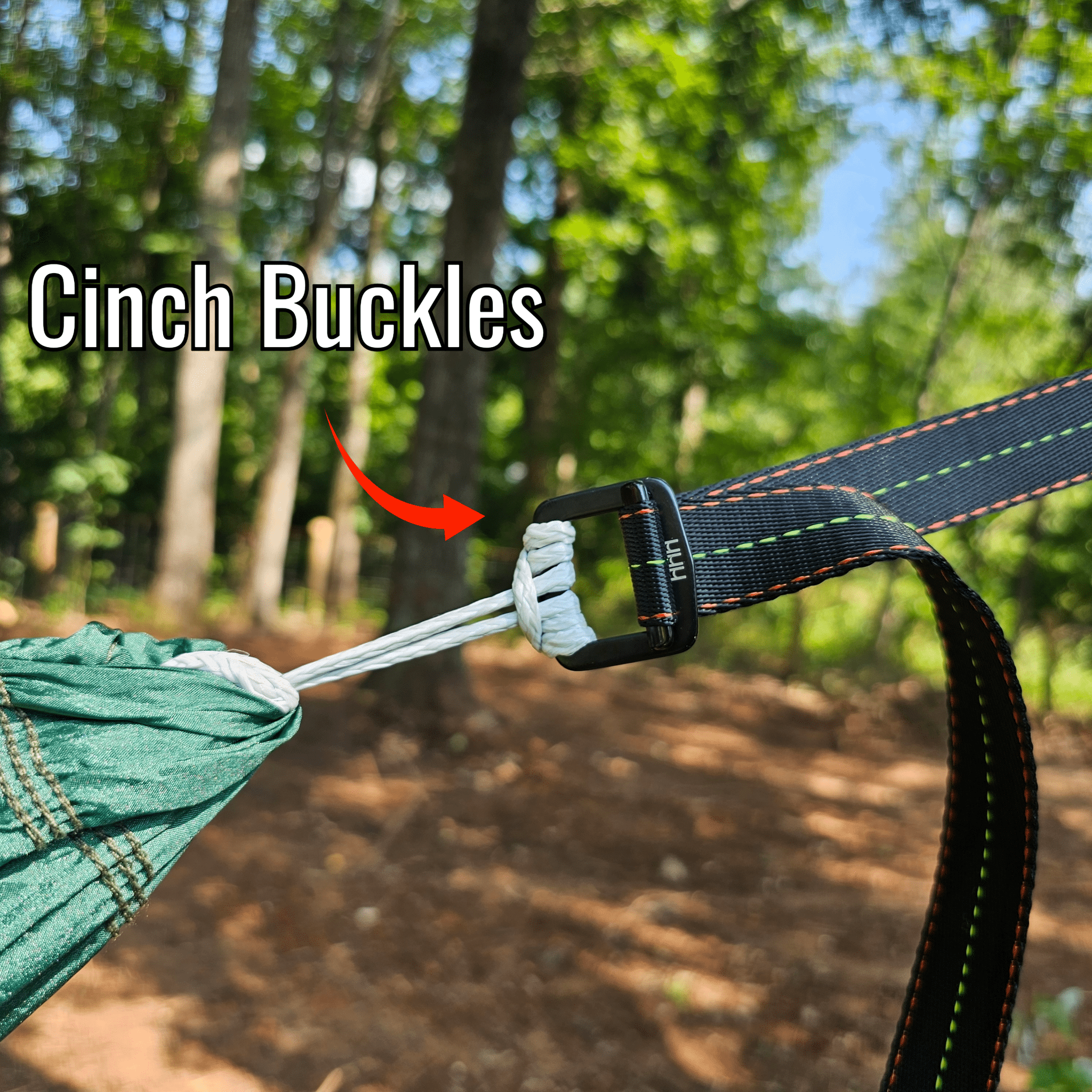 Cinch buckle on a hammock with trees in the background