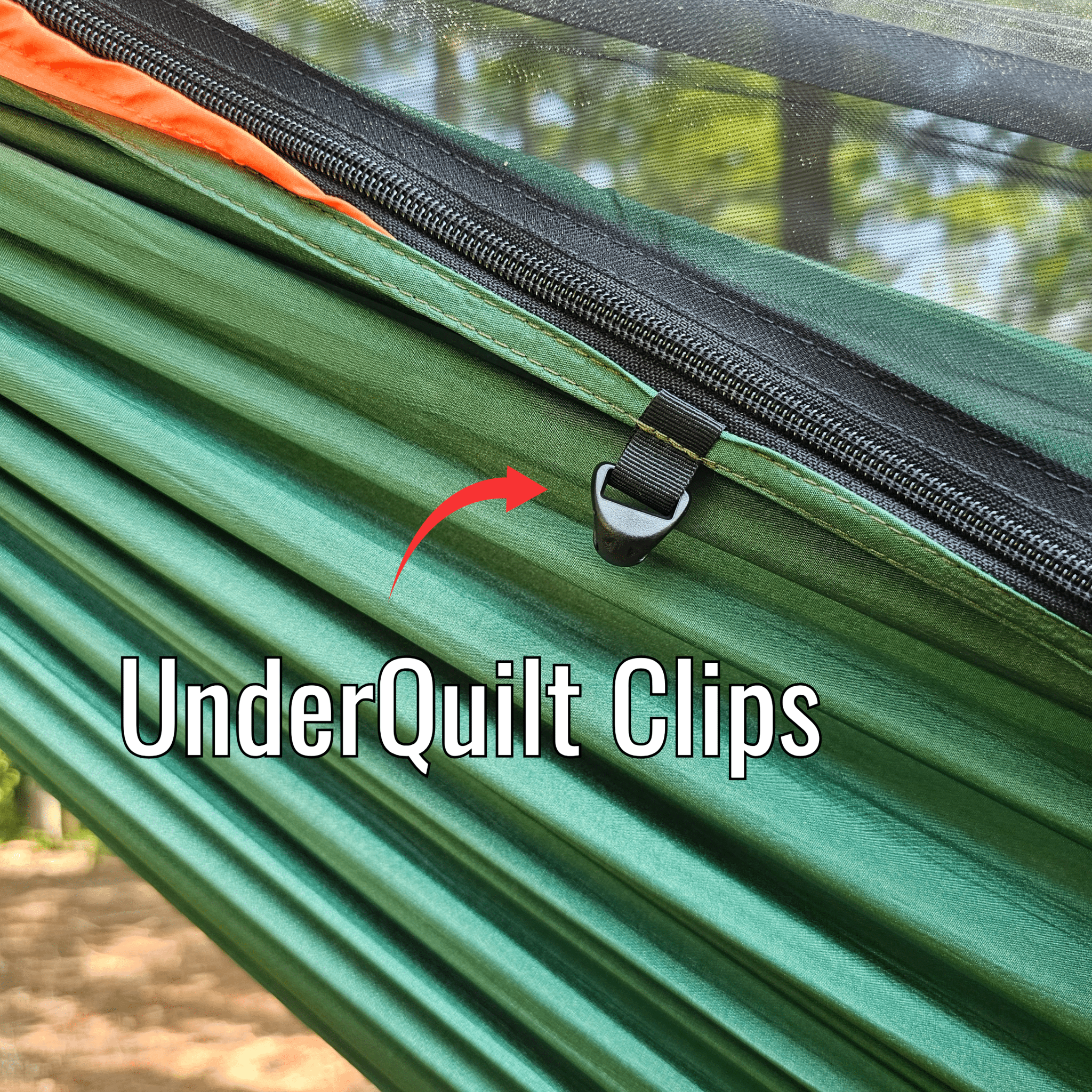 Green hammock with black zipper and UnderQuilt Clips label, outdoor setting.