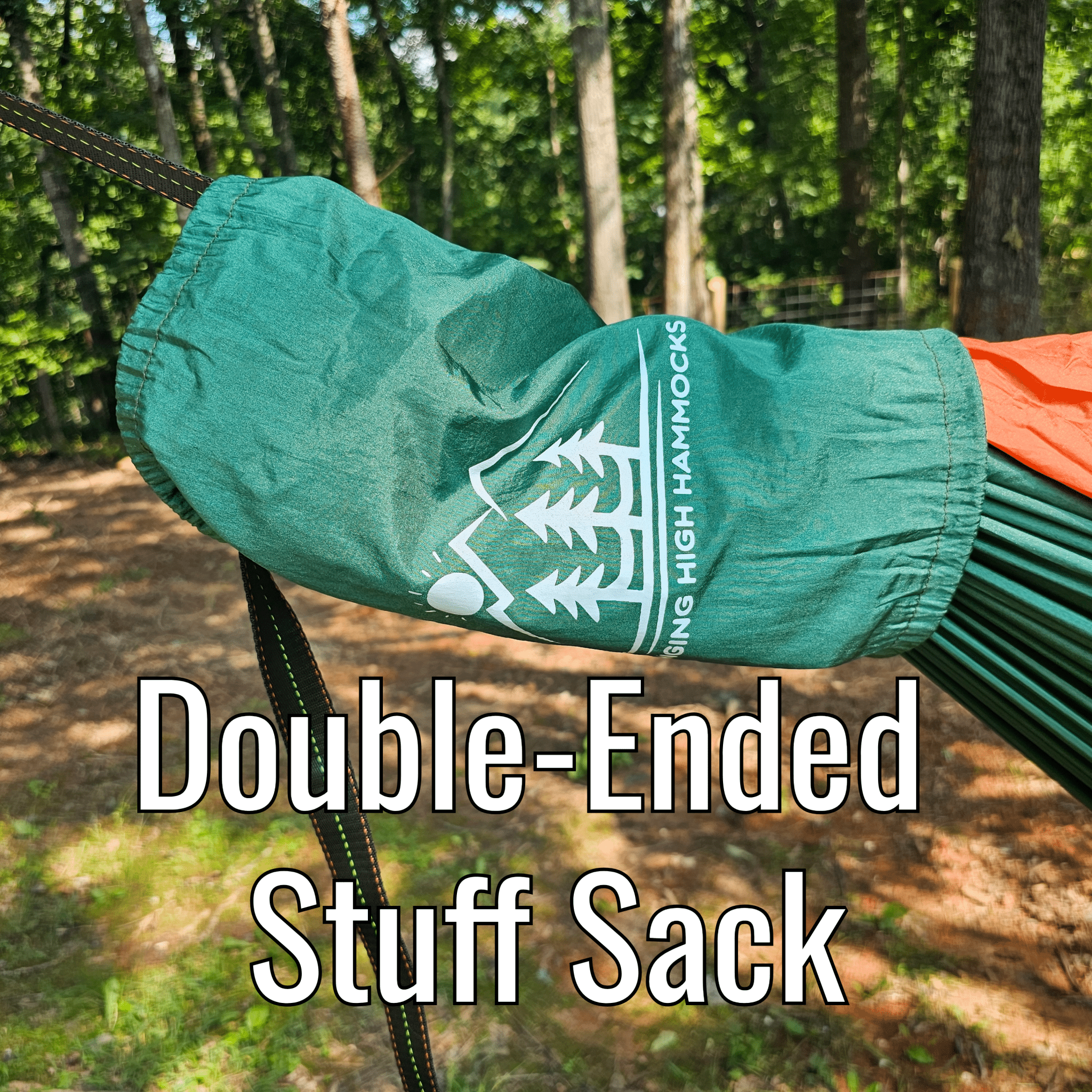 Green hammock stuff sack with Tree High Hammocks logo on a forest background
