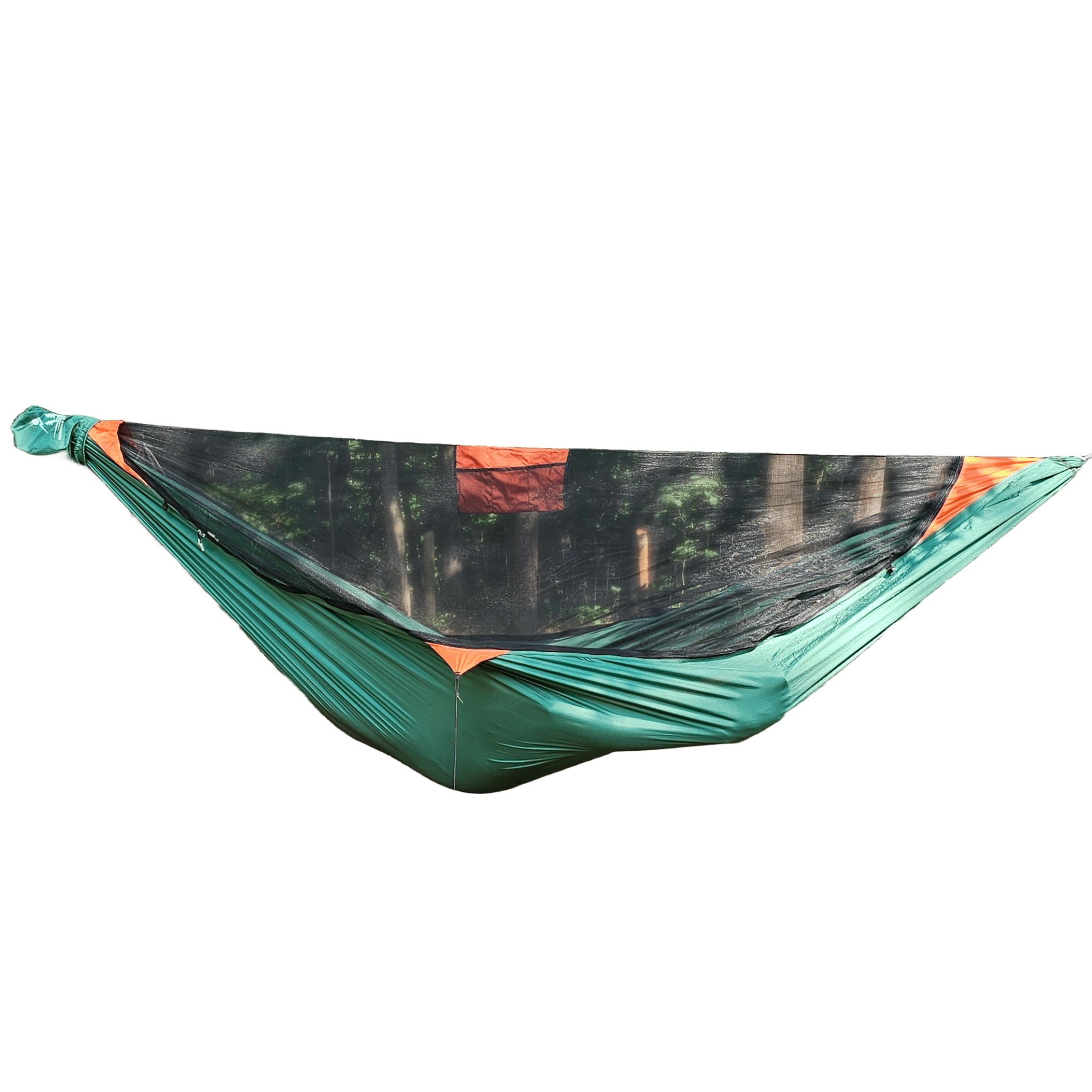 Green hammock with orange accents on a white background