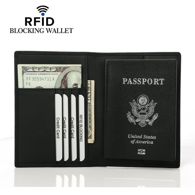 RFID blocking wallet with passport, money, and cards on a white background