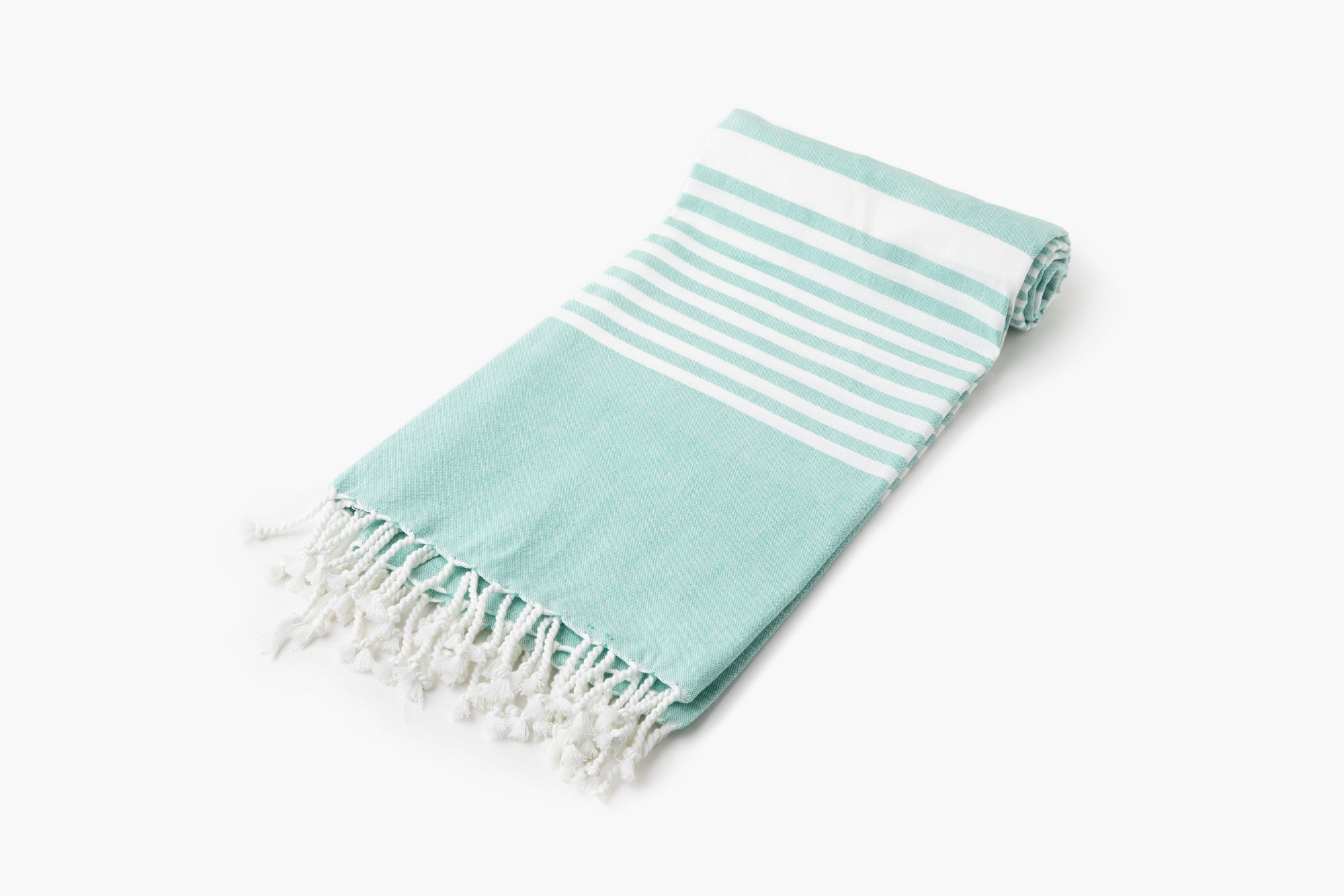 Turquoise towel with white stripes and fringes on a white background